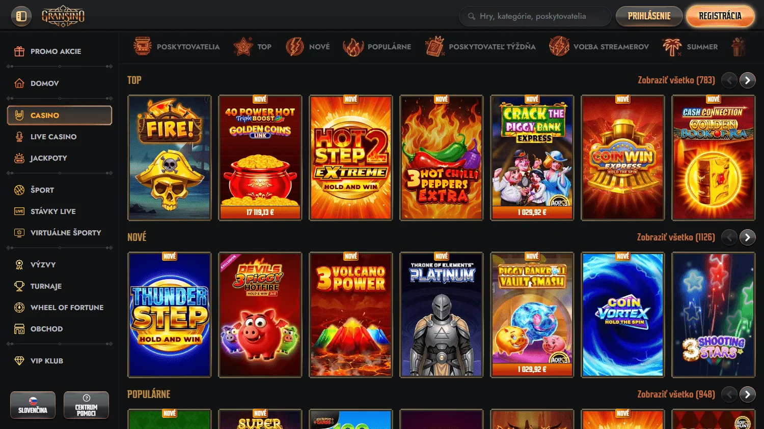 Gransino Casino desktop games area with casino categories and titles