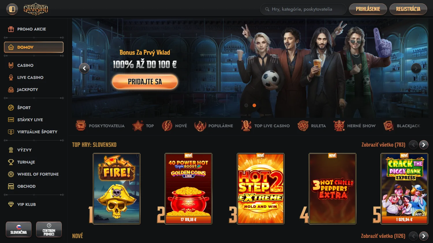 Gransino Casino desktop home interface with casino and sportsbook access