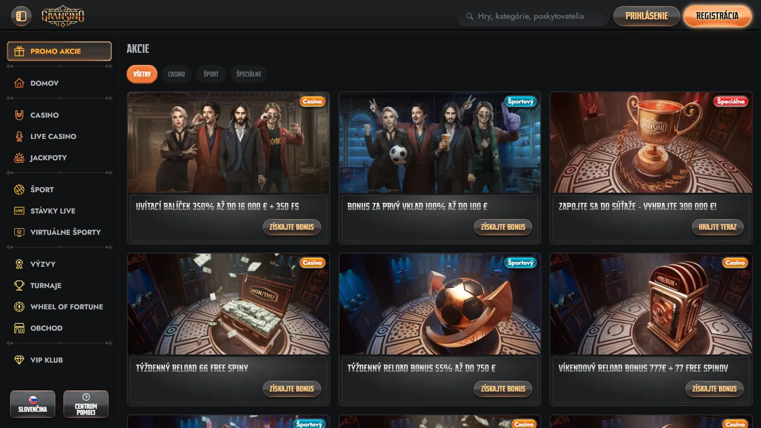 Gransino Casino desktop promotions area with bonus and reward offers