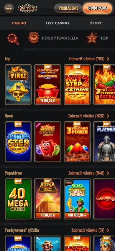 Gransino Casino mobile browser games area with casino content