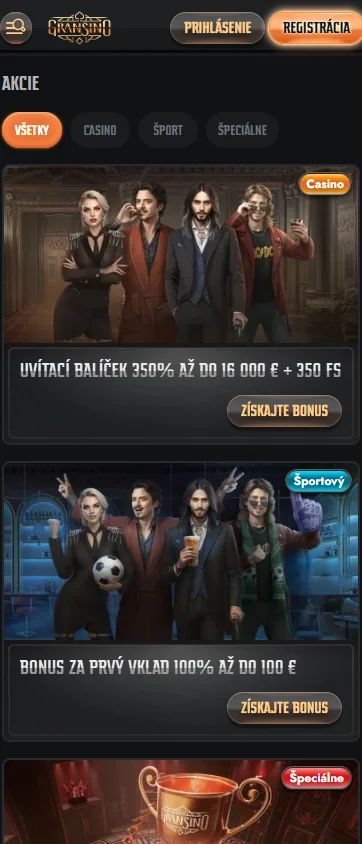 Gransino Casino mobile browser promotions area with bonus offers